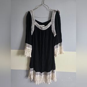 Umgee Black White Crochet Lace Trim Dress Tunic Sz Large